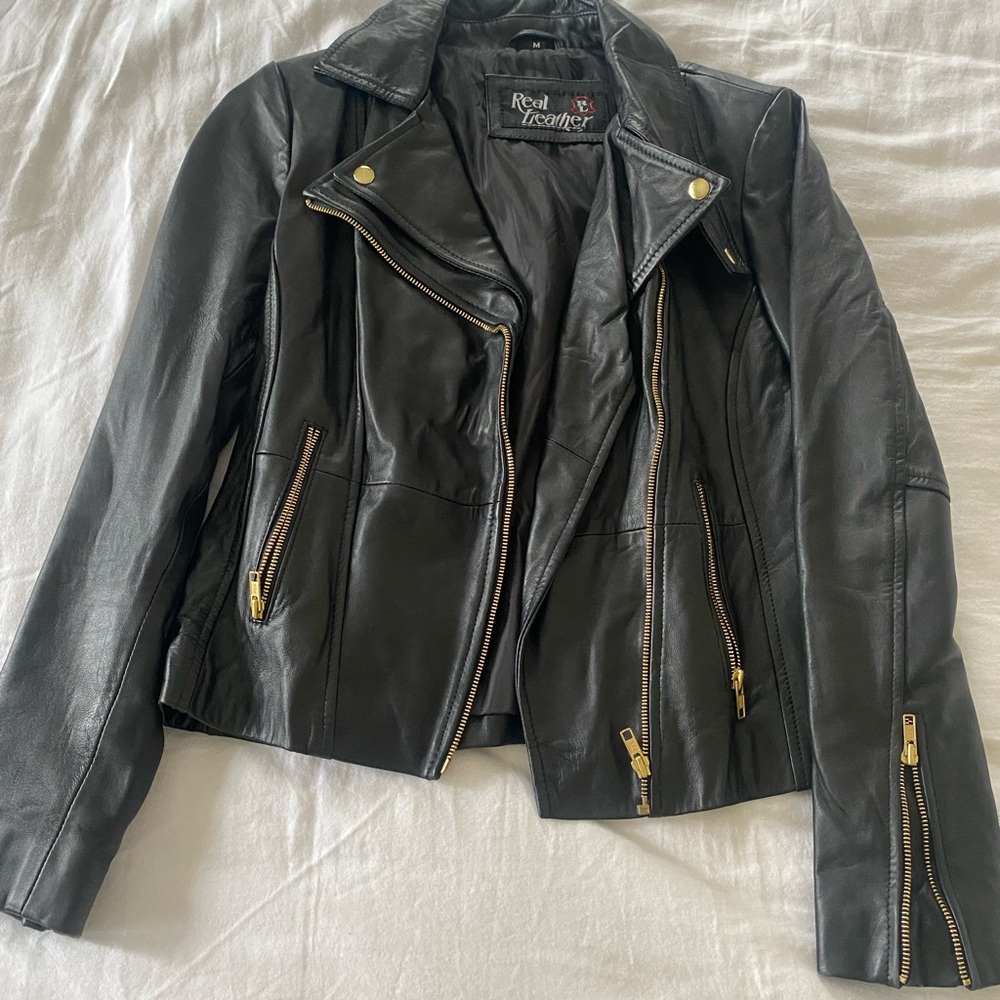 Black Leather Jacket with Gold Zippers
